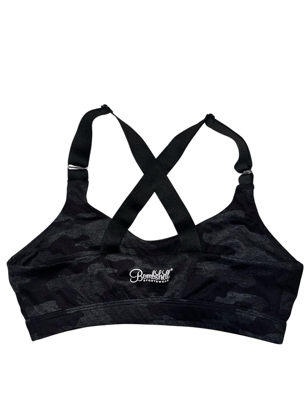 Bombshell Sportswear Black Camo Cross-Back Sports Bra